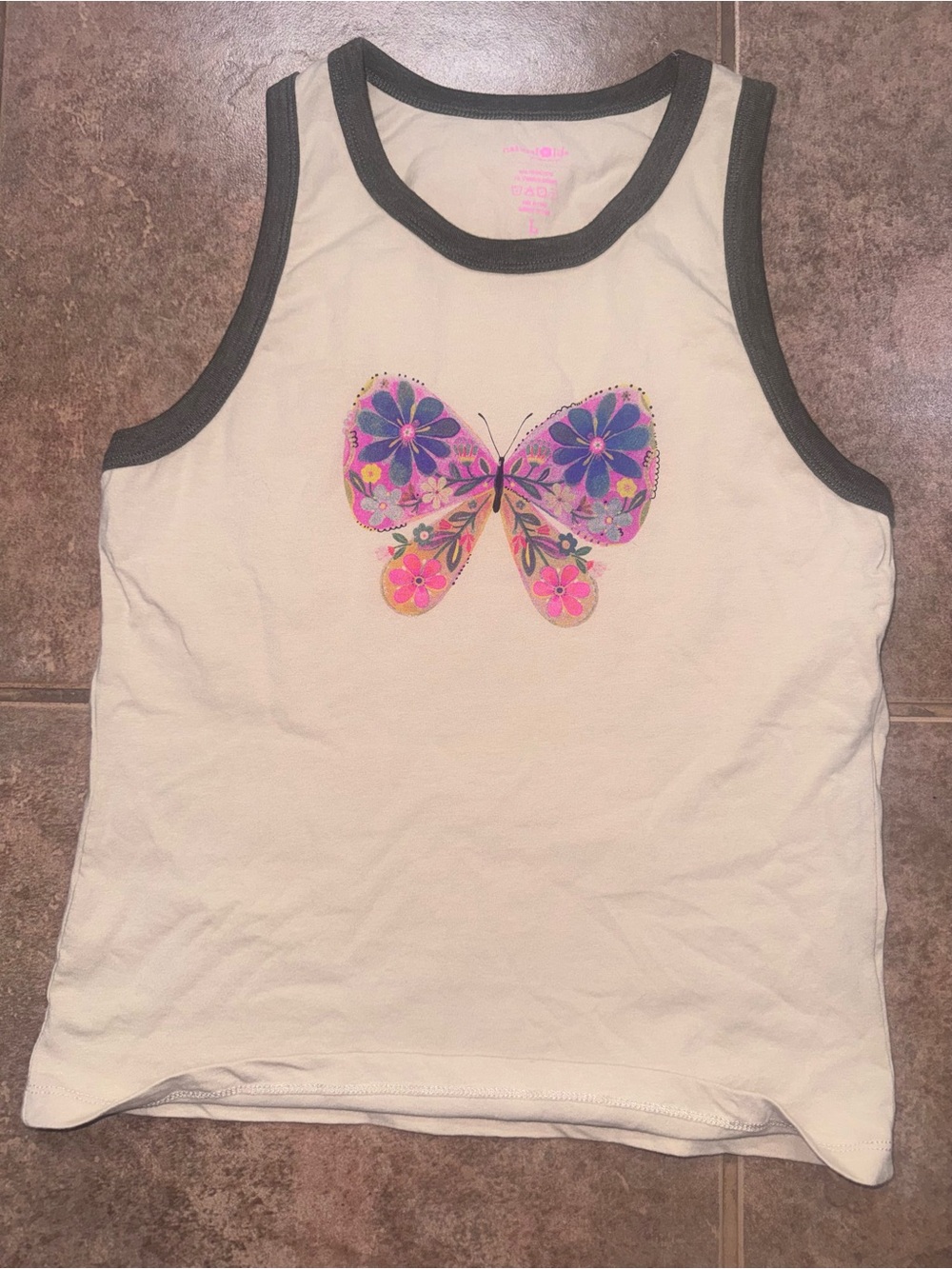Natural life ringer tank top ivory butterfly size large green multi color floral